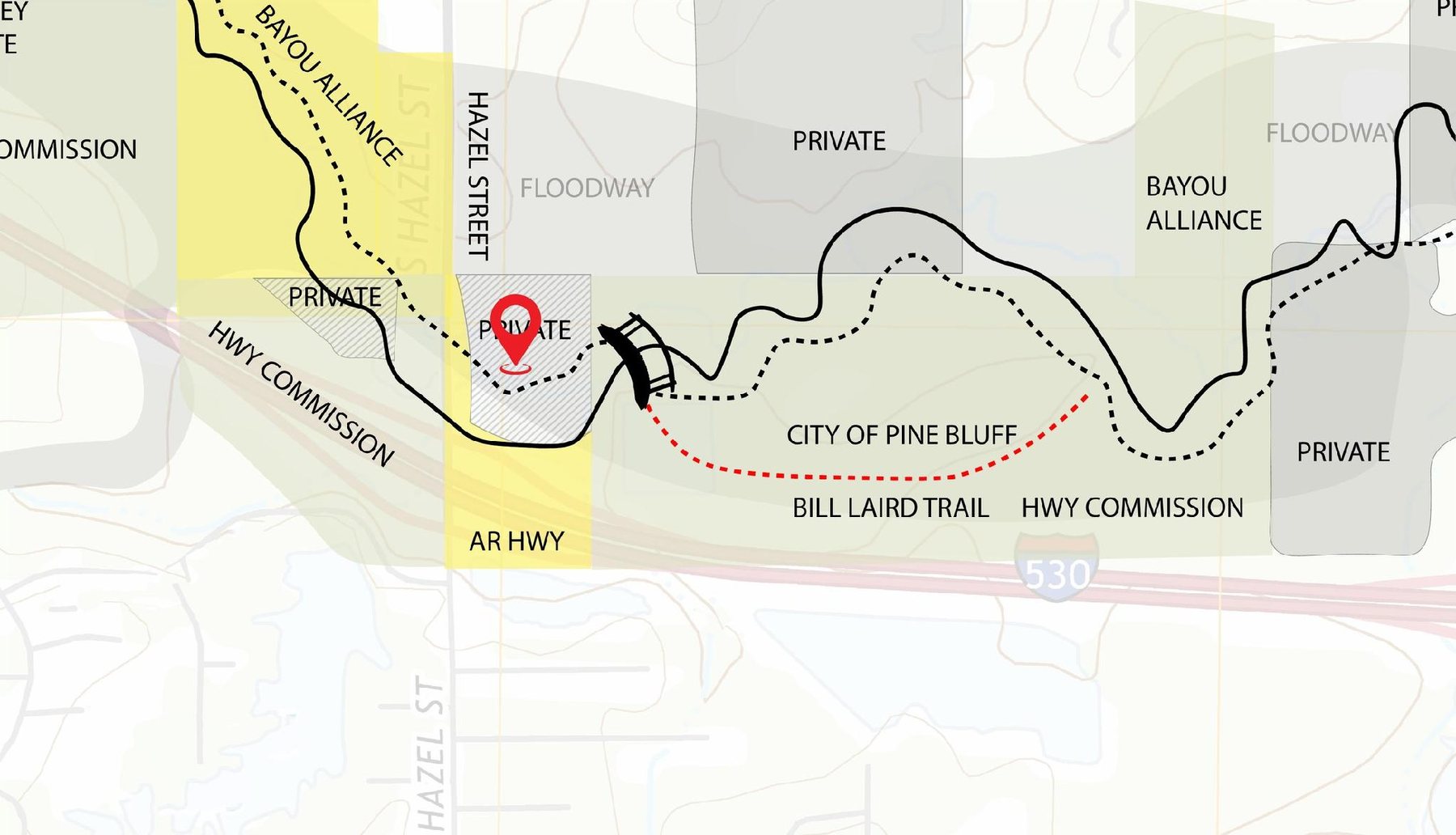 Plan drawing showing the proposed bike trail crossing a new bridge near Hazel Street and connecting to the existing Bill Laird Trail